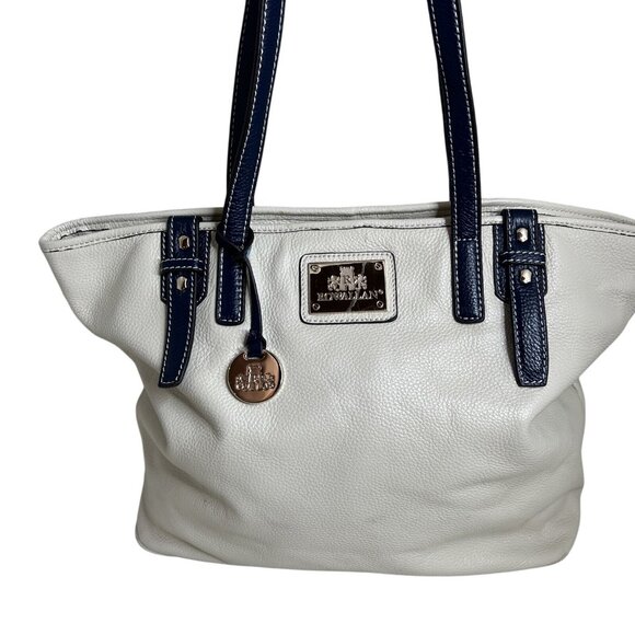 Rowallan White & Navy Leather Tote Bag With Metal Logo Plate - Picture 1 of 16